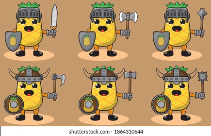 Illustration, Vektorgrafik Cartoon Charakter der süßen Ananas Ritter. Cute und lustige Obstset, Vektorgrafik. lächeln Gesicht. Schild und Schwert. 