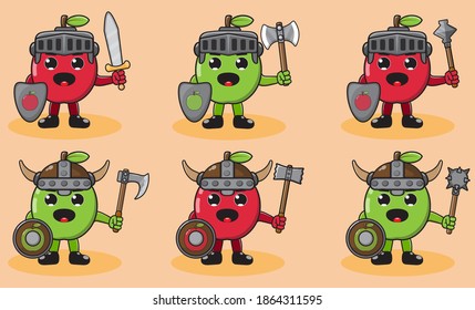 Ilustración vectorial caricatura gráfica del lindo caballero Apple. Ilustración vectorial de conjunto de frutas lindo y divertido. cara de sonrisa. Escudo y espada. 