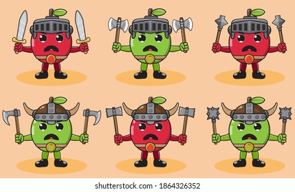 Illustration vector graphic cartoon character of Apple fruit knight and viking with dual weapon set . Hand up pose set. Cute and funny fruit set vector illustration