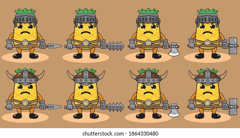 Illustration vector graphic cartoon character of cute Pineapple knight. Cute and funny fruit set. Two handed weapons and hand down pose set.