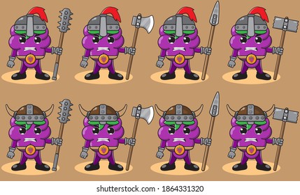 Illustration vector graphic cartoon character of cute Grape knight. Cute and funny fruit set. Two handed weapons and hand up pose set.