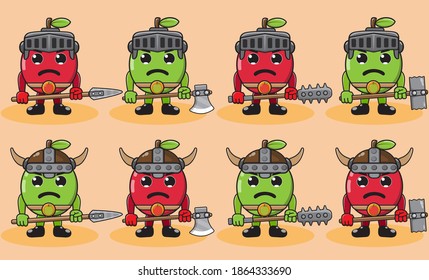 Ilustración vectorial personaje de dibujos animados del lindo caballero Apple. Trato de frutas muy divertido. Armas de dos manos y un juego de posadas.