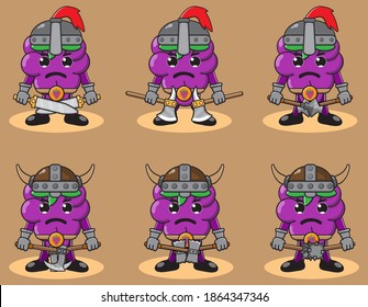 Illustration vector graphic cartoon character of Grape fruit knight with dual weapon set . Hand down pose set. Cute and funny fruit set vector illustration