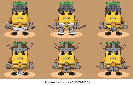 Illustration vector graphic cartoon character of Pineapple fruit knight with dual weapon set . Hand down pose set. Cute and funny fruit set vector illustration