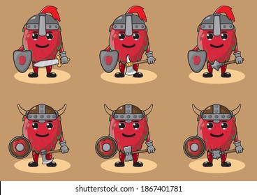 Illustration vector graphic cartoon character of cute Dragonfruit knight. Cute and funny fruit set vector illustration. smile face and hand down pose set. Shield and sword.
