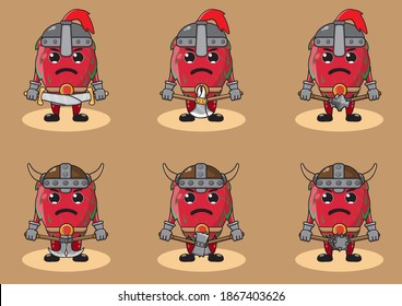 Ilustración vectorial gráfico personaje de Dragonfruit knight con conjunto de armas dobles . La pose de mano abajo. Ilustración vectorial de conjuntos de frutas cortos y divertidos