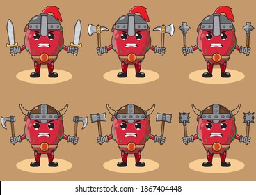Illustration vector graphic cartoon character of Dragonfruit knight and viking with dual weapon set . Hand up pose set. Cute and funny fruit set vector illustration