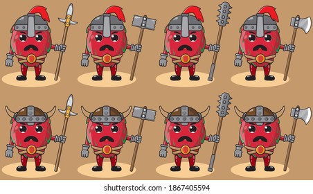 Illustration vector graphic cartoon character of cute Dragonfruit knight. Cute and funny fruit set. Two handed weapons and hand up pose set.