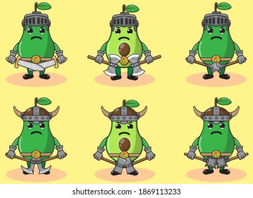 Illustration vector graphic cartoon character of Avocado knight with dual weapon set . Hand down pose set. Cute and funny fruit set vector illustration