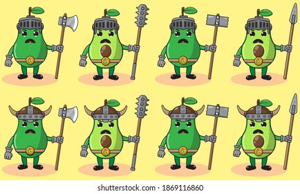 Ilustración vectorial caricatura gráfica del lindo caballero Aguacate. Trato de frutas muy divertido. Armas de dos manos y un juego de pose. Bien por el icono, logotipo, etiqueta, pegatina, clipart.
