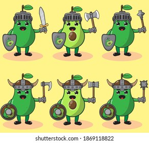 Ilustración vectorial caricatura del lindo caballero Aguacate con escudo. Ilustración vectorial de conjunto de frutas lindo y divertido. sonrisa cara y mano arriba pose. 