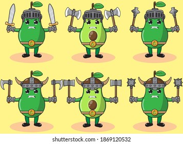 Illustration vector graphic cartoon character of Avocado knight and viking with dual weapon set . Hand up pose set. Cute and funny fruit set. Good for icon,logo, label,sticker, clipart.