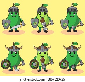 Illustration vector graphic cartoon character of cute Avocado knight. Cute and funny fruit set vector illustration. smile face and hand down pose set. Shield and sword.