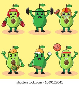 Illustration vector graphic cartoon character of cute Avocado doing sport set. Cute and funny fruit emotion set. Basket, boxing, tennis, baseball,weightlifting.