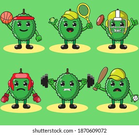 Illustration vector graphic cartoon character of cute Durian doing sport set. Cute and funny fruit emotion set. Basket, boxing, tennis, baseball,weightlifting.