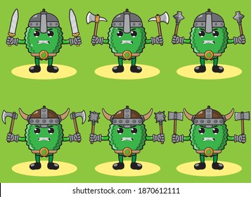 Ilustración vectorial de caricatura gráfica del caballero Duriano y vigila con doble conjunto de armas . Hand up pose set. Trato de frutas muy divertido. Bien por el icono, logotipo, etiqueta, pegatina, clipart.
