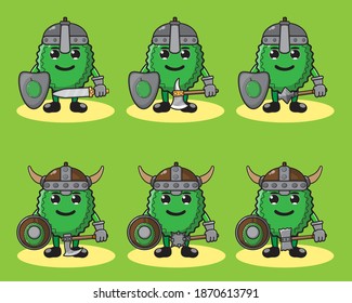 Ilustración vectorial caricatura gráfica del lindo caballero Aguacate. Cara de sonrisa suave y posición de mano abajo. Escudo y espada. Bien por el icono, logotipo, etiqueta, pegatina, clipart.