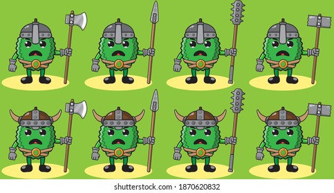 Illustration, Vektorgrafik-Charakter des süßen Durian Ritter. Geräumiges und lustiges Obstset. Zwei Händlerwaffen und Posenset. Gut für Ikone, Logo, Etikett, Aufkleber, Clipkunst.
