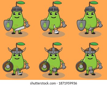 Ilustración vectorial de caricatura gráfica del lindo caballero Pear. Cara de sonrisa suave y posición de mano abajo. Escudo y espada. Bien por el icono, logotipo, etiqueta, pegatina, clipart.
