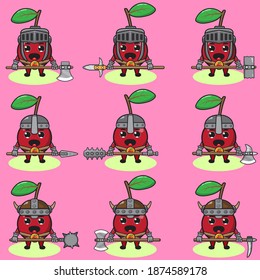 Illustration vector graphic cartoon character of cute Cherry knight. Cute and funny fruit set. Two handed weapons and hand down pose set.Good for icon, logo, label,sticker, clipart.