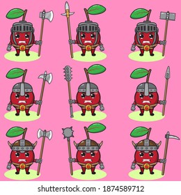 Illustration vector graphic cartoon character of cute Cherry knight. Cute and funny fruit set. Two handed weapons and hand up pose set.Good for icon, logo, label,sticker, clipart.