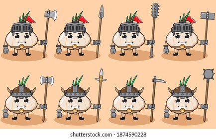 Illustration vector graphic cartoon character of cute Garlic knight. Cute and funny fruit set. Two handed weapons and hand up pose set.Good for icon, logo, label,sticker, clipart.
