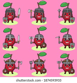 Illustration vector graphic cartoon character of cute Cherry knight. Cute smile face and hand up pose set. Shield and sword. Good for icon,logo, label,sticker, clipart.