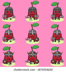 Illustration vector graphic cartoon character of cute Cherry knight. Cute smile face and hand down pose set. Shield and sword. Good for icon,logo, label,sticker, clipart.