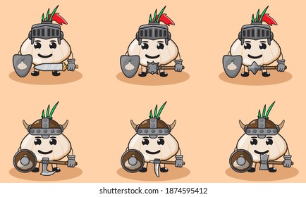 Ilustración vectorial caricatura de un lindo caballero de ajo. Cara de sonrisa suave y posición de mano abajo. Escudo y espada. Bien por el icono, logotipo, etiqueta, pegatina, clipart.
