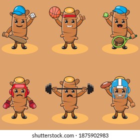 Illustration vector graphic cartoon character of cute Turmeric doing sport set. Cute and funny fruit emotion set. Basket, boxing, tennis, baseball.