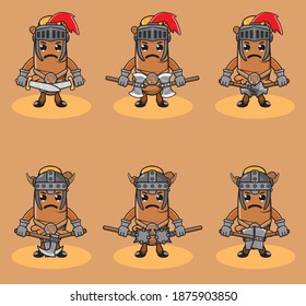 Ilustración vectorial de caricatura gráfica del caballero Turmérico y vigila con doble conjunto de armas . La pose de mano abajo. Trato de frutas muy divertido. Es bueno para el icono, logotipo, etiqueta, pegatina, clipart.
