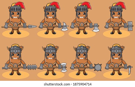 Illustration vector graphic cartoon character of cute Turmeric knight. Cute and funny fruit set. Two handed weapons and hand down pose set.Good for icon, logo, label,sticker, clipart.