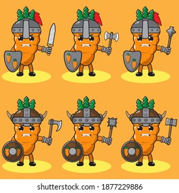 Ilustración vectorial caricatura del lindo caballero Carrot. Cara de sonrisa suave y conjunto de posiciones de mano arriba. Escudo y espada. Bien por el icono, logotipo, etiqueta, pegatina, clipart.