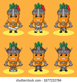 Illustration vector graphic cartoon character of Carrot knight and viking with dual weapon set . Hand down pose set. Cute and funny fruit set. Good for icon, logo, label, sticker, clipart.