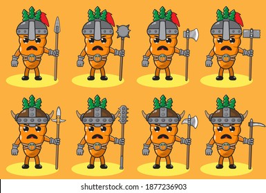 Ilustración vectorial caricatura del lindo caballero Carrot. Trato de frutas muy divertido. Armas de dos manos y conjunto de posiciones para la mano.Bien por icono, logo, etiqueta, pegatina, clipart.