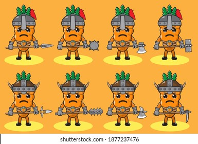 Illustration, Vektorgrafik Cartoon Charakter der süßen Carrot Ritter. Geräumiges und lustiges Obstset. Zwei Händlerwaffen und Posenset. Gut für Ikone, Logo, Etikett, Aufkleber, Clipkunst.