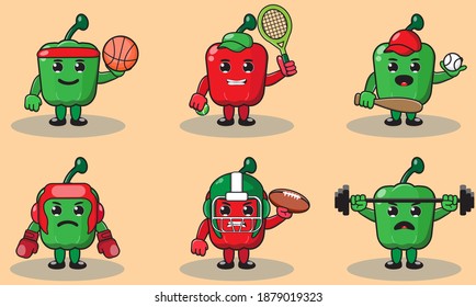 Illustration vector graphic cartoon character of cute Paprika doing sport set. Cute and funny fruit emotion set. Basket, boxing, tennis, baseball.