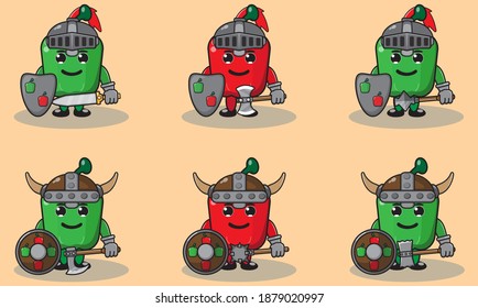 Illustration vector graphic cartoon character of cute Paprika knight. Cute smile face and hand down pose set. Shield and sword. Good for icon,logo, label,sticker, clipart.