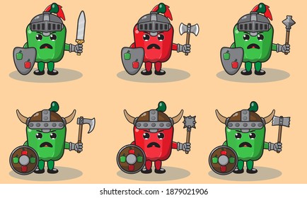 Ilustración vectorial caricatura gráfica del lindo caballero Paprika. Cara de sonrisa suave y conjunto de posiciones de mano arriba. Escudo y espada. Bien por el icono, logotipo, etiqueta, pegatina, clipart.