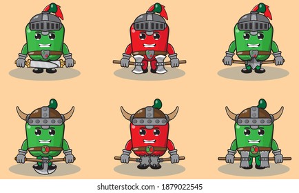 Ilustración vectorial caricatura del personaje Paprika knight y viking con doble juego de armas . La pose de mano abajo. Trato de frutas muy divertido. Es bueno para el icono, logotipo, etiqueta, pegatina, clipart.