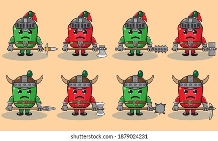 Ilustración vectorial caricatura gráfica del lindo caballero Paprika. Trato de frutas muy divertido. Armas de dos manos y conjunto de posiciones de mano abajo.Bien por icono, logo, etiqueta, pegatina, clipart.