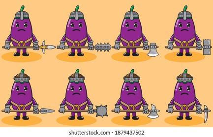 Ilustración vectorial caricatura gráfica del lindo caballero de la berenjena. Trato de frutas muy divertido. Armas de dos manos y conjunto de posiciones de mano abajo.Bien por icono, logo, etiqueta, pegatina, clipart.