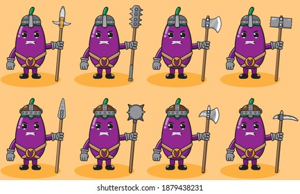 Illustration vector graphic cartoon character of cute Eggplant knight. Cute and funny fruit set. Two handed weapons and hand up pose set.Good for icon, logo, label,sticker, clipart.