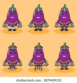 Illustration, Vektorgrafik-Cartoon Charakter Eggplant Ritter und Wiking mit zwei Waffensätzen . Handnimm die Pose. Geräumiges und lustiges Obstset. Gut für Ikone, Logo, Label, Aufkleber, Clipkunst.