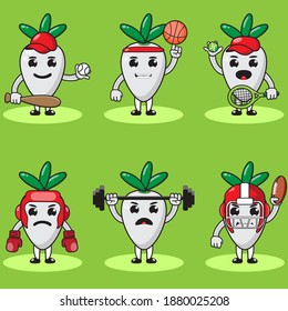 Illustration vector graphic cartoon character of cute Turnip doing sport set. Cute and funny fruit emotion set. Basket, boxing, tennis, baseball.