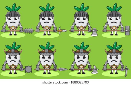 Illustration vector graphic cartoon character of cute Turnip knight. Cute and funny fruit set. Two handed weapons and hand down pose set.Good for icon, logo, label,sticker, clipart.