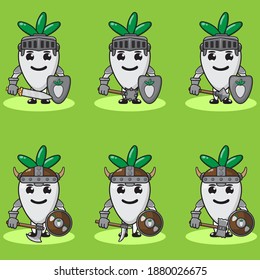 Ilustración vectorial personaje de dibujos animados del lindo caballero Turnip. Cara de sonrisa suave y posición de mano abajo. Escudo y espada. Bien por el icono, logotipo, etiqueta, pegatina, clipart.