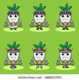 Illustration Vektorgrafik-Cartoon Charakter Turnip Ritter und Viking mit dualem Waffensatz . Handnimm die Pose. Geräumiges und lustiges Obstset. Gut für Ikone, Logo, Label, Aufkleber, Clipkunst.