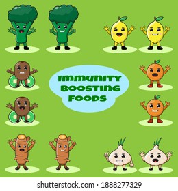 Illustration vector graphic cartoon character of brocoli, lemon, orange,kiwi,turmeric,garlic. Immunity boosting foods.