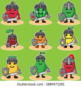 Illustration vector graphic cartoon character of fruit knight set. Hand down pose set. Cute and funny fruit set. Good for icon, logo, label, sticker, clipart.